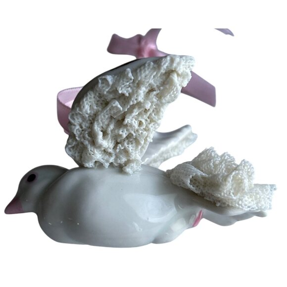 Irish Dresden Porcelain Dove Ornament With Pink Ribbon & Lace Detailing - Picture 8 of 10